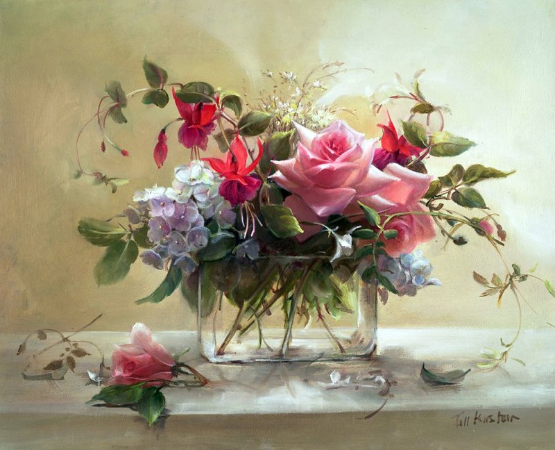 розы в стеклянной вазе - ваза, букет, роза, живопись, цветы, натюрморт, фуксия - оригинал