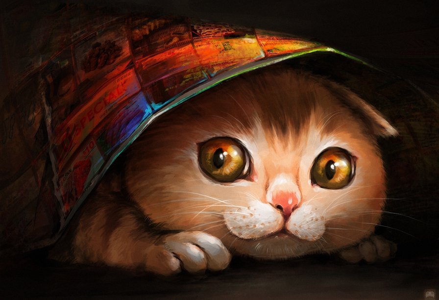 котик под покрывалом - рыжий, детские, покрывало, кошка, котенок, кот, живопись - оригинал