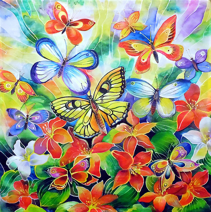 панно с бабочками и цветами - батик, краски, панно, бабочки, цветы - оригинал
