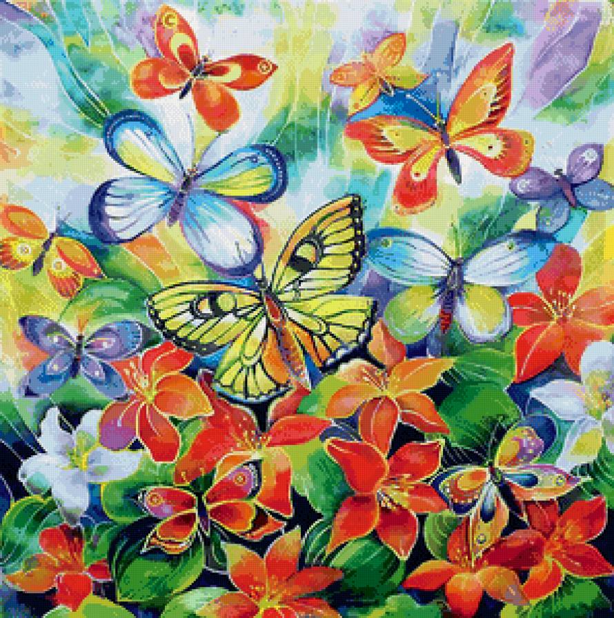 панно с бабочками и цветами - бабочки, цветы, панно, батик, краски - предпросмотр