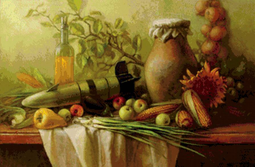 натюрморт - натюрморт, подсолнух, кувшин, еда, кукуруза, бомба, овощи. кухня - предпросмотр