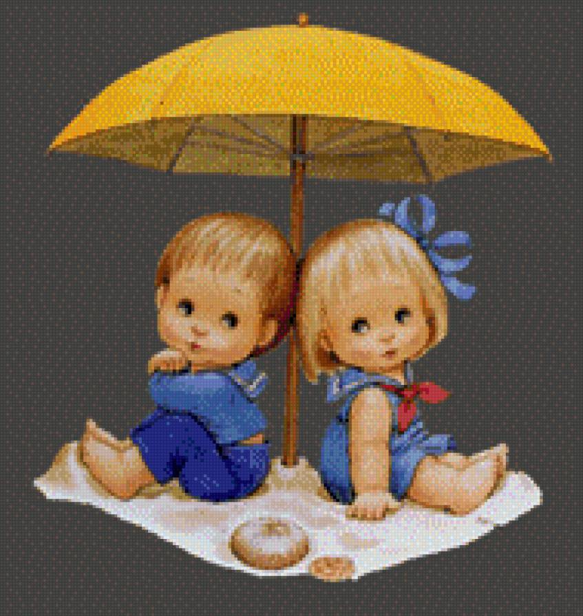 Под зонтом, мальчик и девочка - зонт, девочка, мальчик - предпросмотр