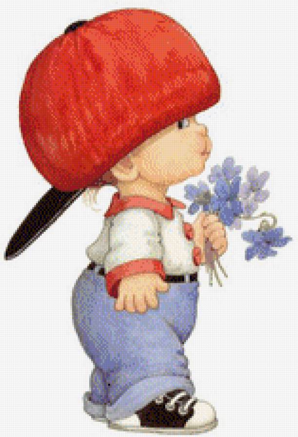 мальчик в кепке - мальчик, цветы, кепка - предпросмотр