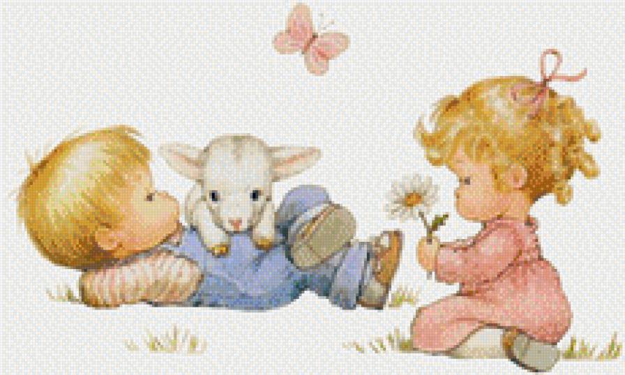 мальчик с девочкой - девочка, мальчик, природа, цветы, козлик - предпросмотр
