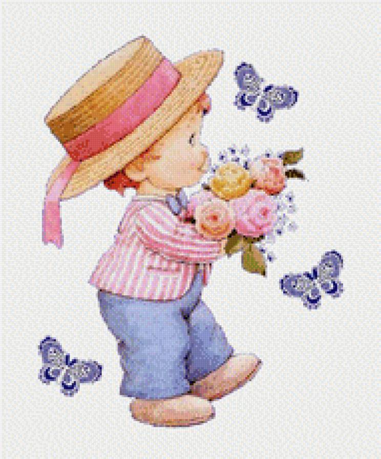 мальчик с букетом - бабочки, цветы, букет, мальчик - предпросмотр