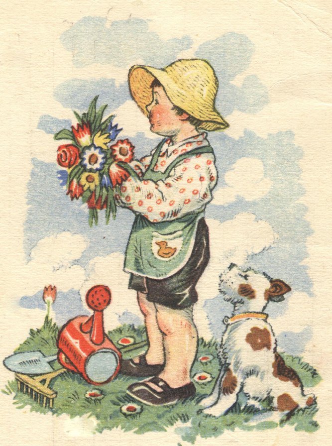 Маленький садовник - собака, цветы, мальчик - оригинал