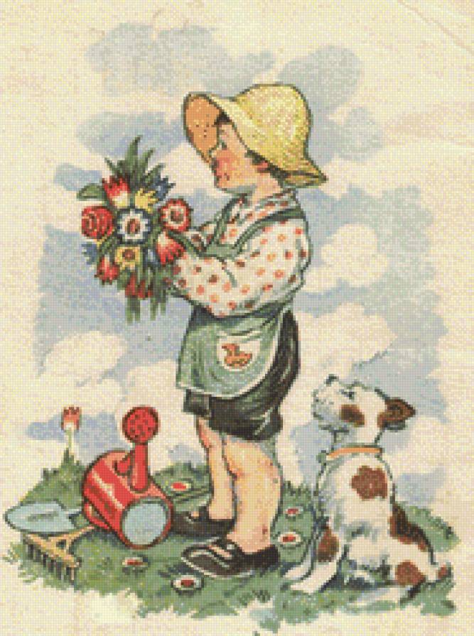 Маленький садовник - собака, мальчик, цветы - предпросмотр