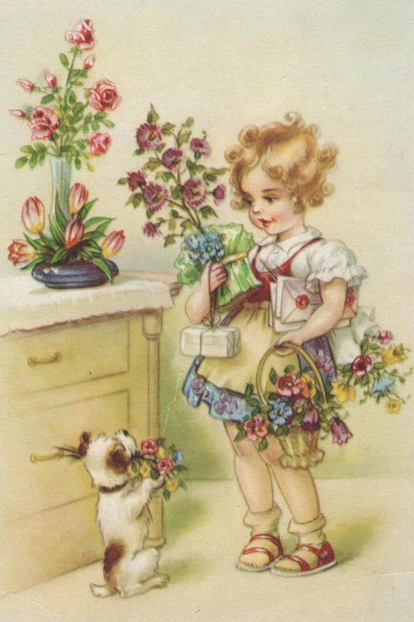 старая открытка "С днем рождения" - розы, собака, девочка, цветы - оригинал