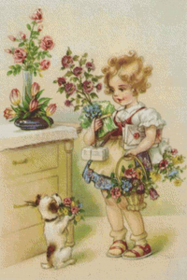 старая открытка "С днем рождения" - розы, цветы, собака, девочка - предпросмотр