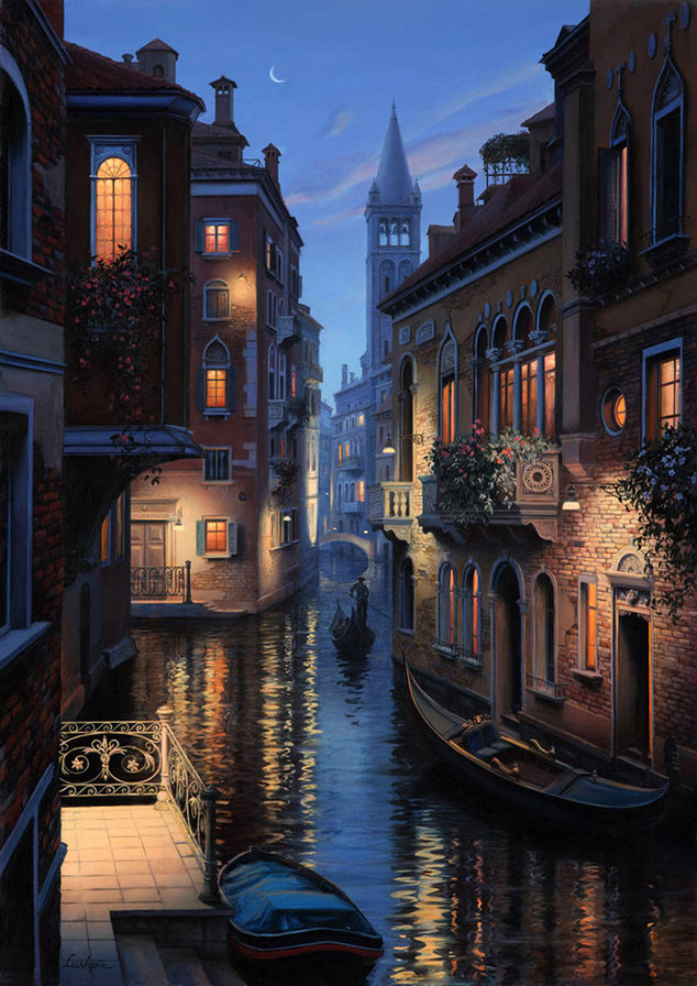 вечерняя венеция - пейзаж, город, вечер, сумерки, венеция, фонари, гондола, италия - оригинал