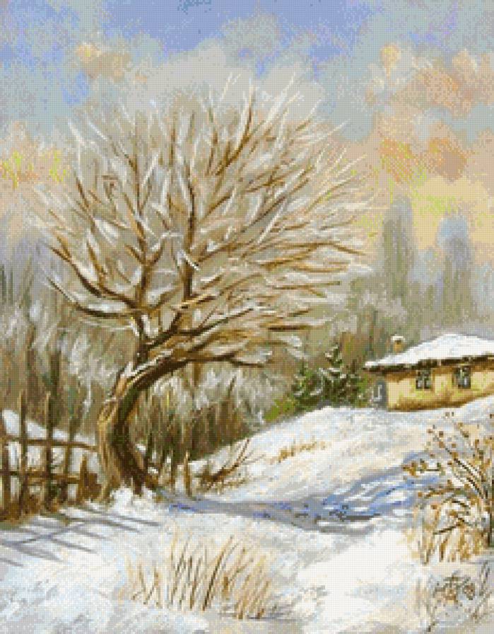Юлиан Кръстев. Зимно настроение - пейзаж, дом в деревне, деревня, зима - предпросмотр