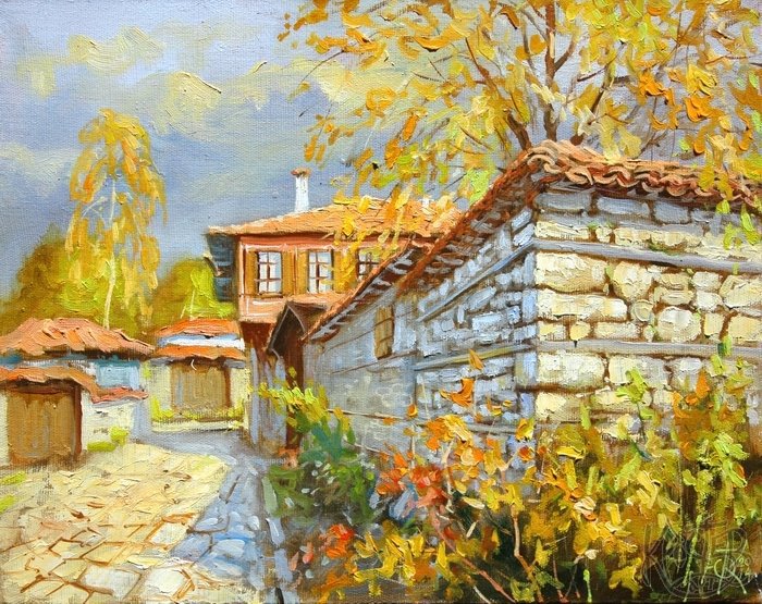 Юлиан Кръстев. Копривщица - дом в деревне, пейзаж, деревня, осень - оригинал