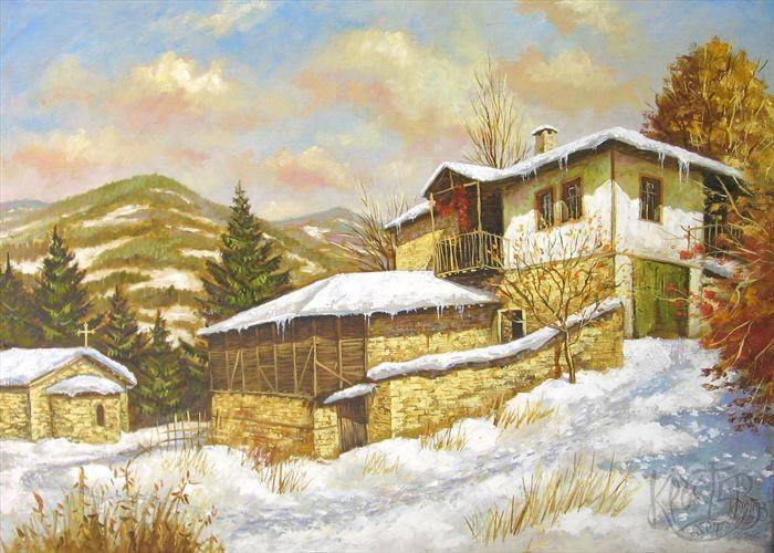 Юлиан Кръстев. Родопска зима - дом в деревне, пейзаж, зима, деревня - оригинал