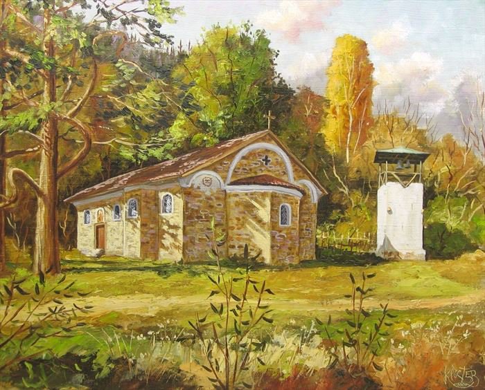 Юлиан Кръстев. Църквата в Трекляно - пейзаж, осень, деревня, церковь - оригинал