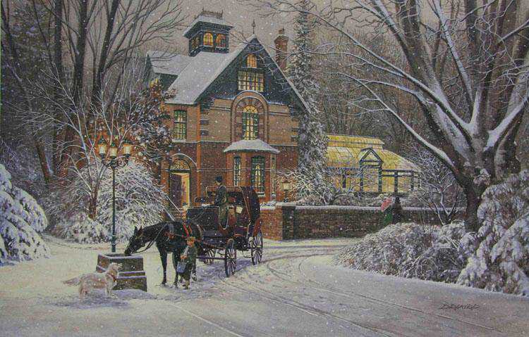 тихий вечер - вечер, прогулка, снег, зима, дом, лошадь - оригинал