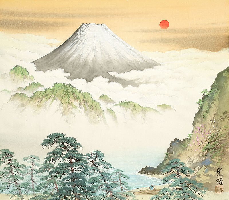 Японские горы - горы, сосны, картина - оригинал