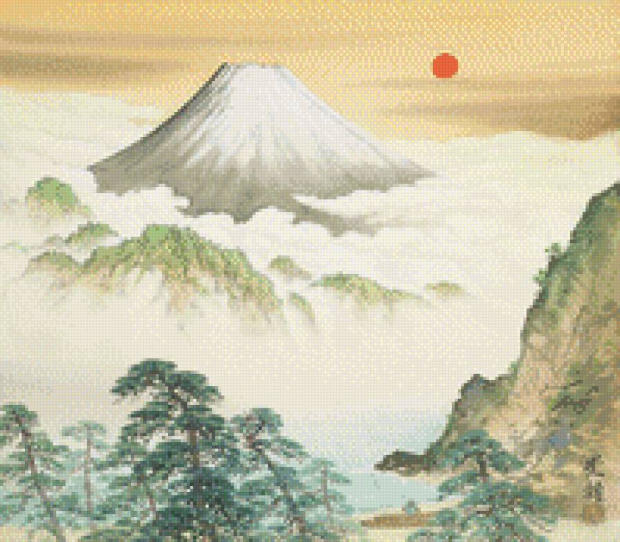 Японские горы - картина, горы, сосны - предпросмотр
