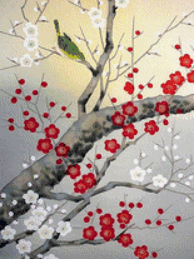 Япония 1 - картина, цветы, снег - предпросмотр