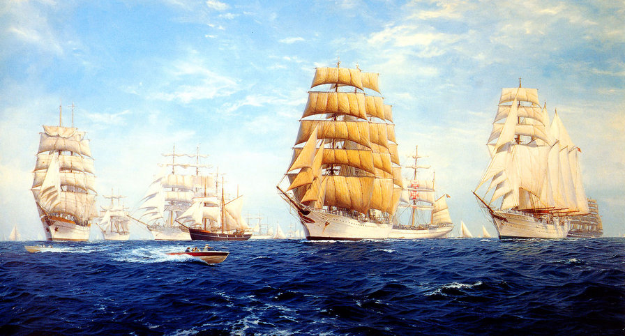 морской флот - чайки, паруса, парусник, волны, небо, море, флот, пейзаж - оригинал