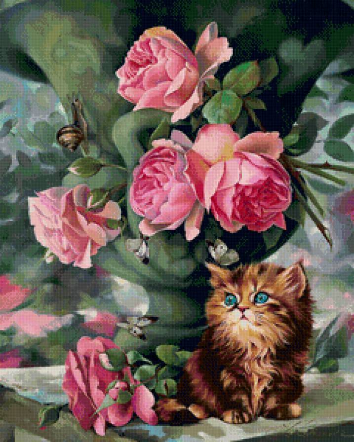котёнок под розами - живопись, розы, кошка, кот, бабочки, котенок, цветы, , натюрморт - предпросмотр
