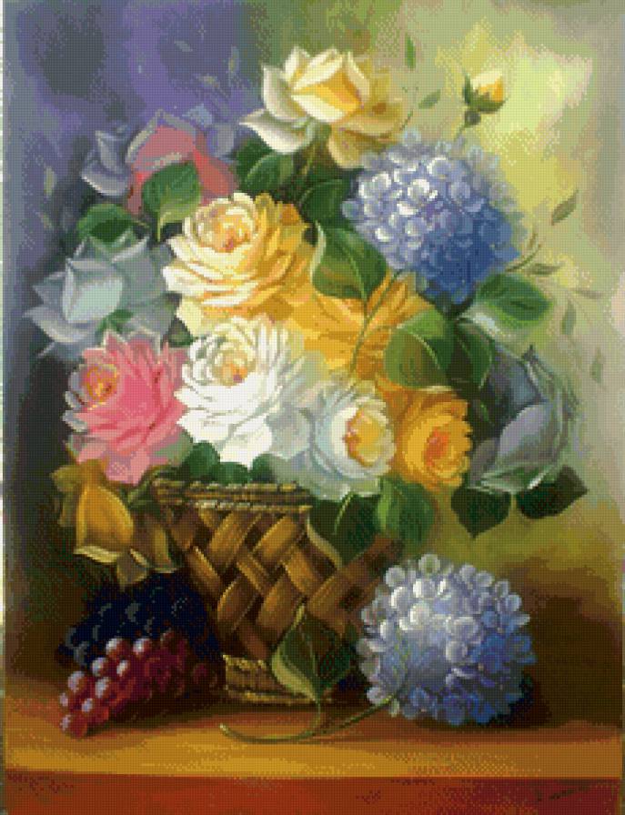розы и гортензии в корзине - цветы, виноград, розы, гортензии, корзина, живопись, натюрморт - предпросмотр