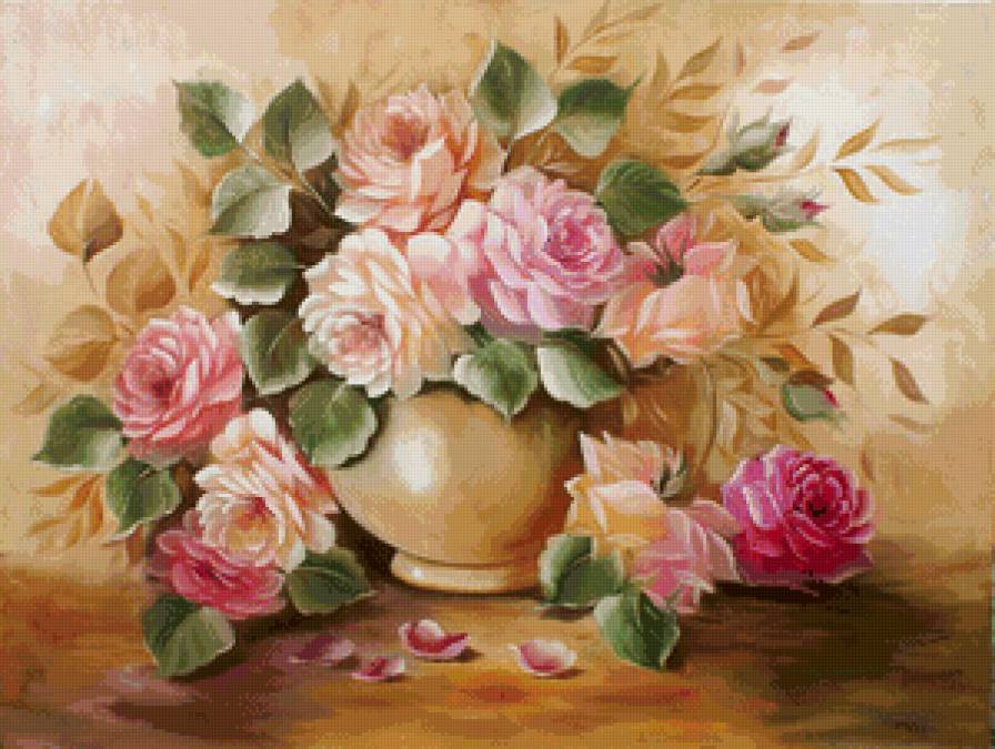 нежные розы в вазе - живопись, натюрморт, букет, цветы, розы, ваза - предпросмотр