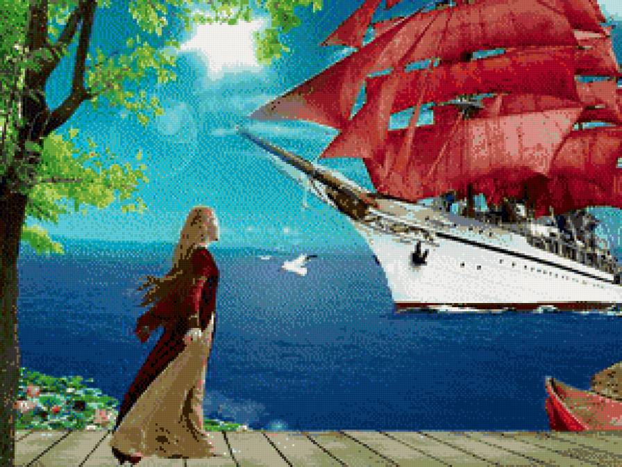 алые паруса - девушка, корабль, алый парус, картина, море - предпросмотр