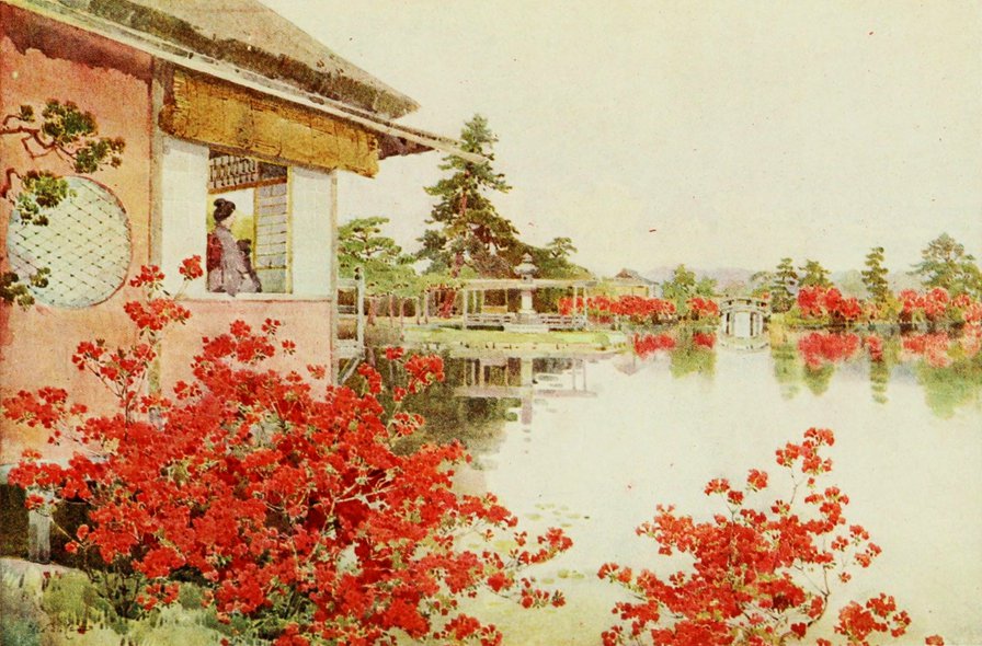 японский пейзаж - япония, закат, мост, восток, арт, природа, река, пейзаж - оригинал