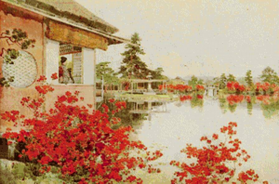 японский пейзаж - река, мост, закат, пейзаж, природа, арт, восток, япония - предпросмотр