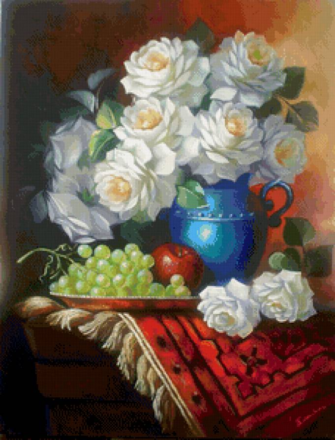 белые розы в синей вазе - натюрморт, роза, ваза, живопись, виноград, фрукты, букет, цветы - предпросмотр