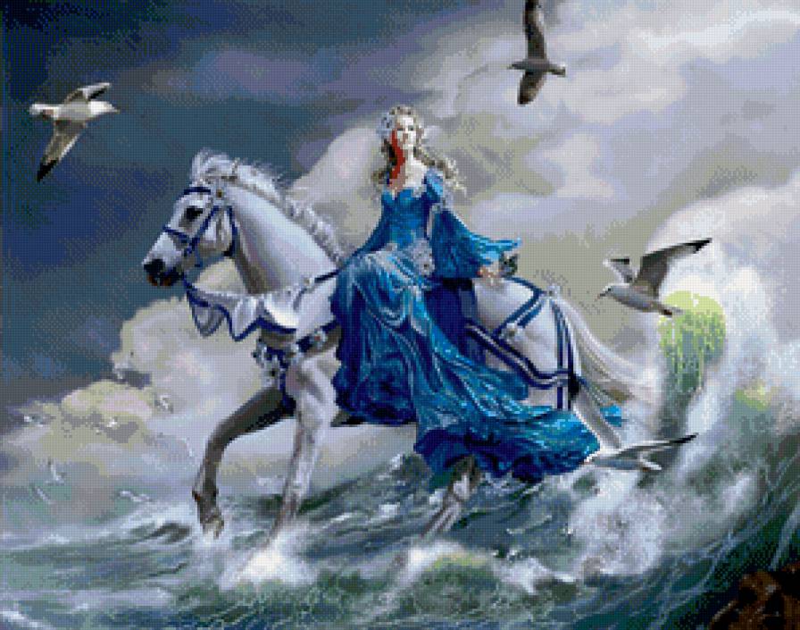 девушка на белом коне - фентези, конь, девушка, лошадь, волны, всадница - предпросмотр
