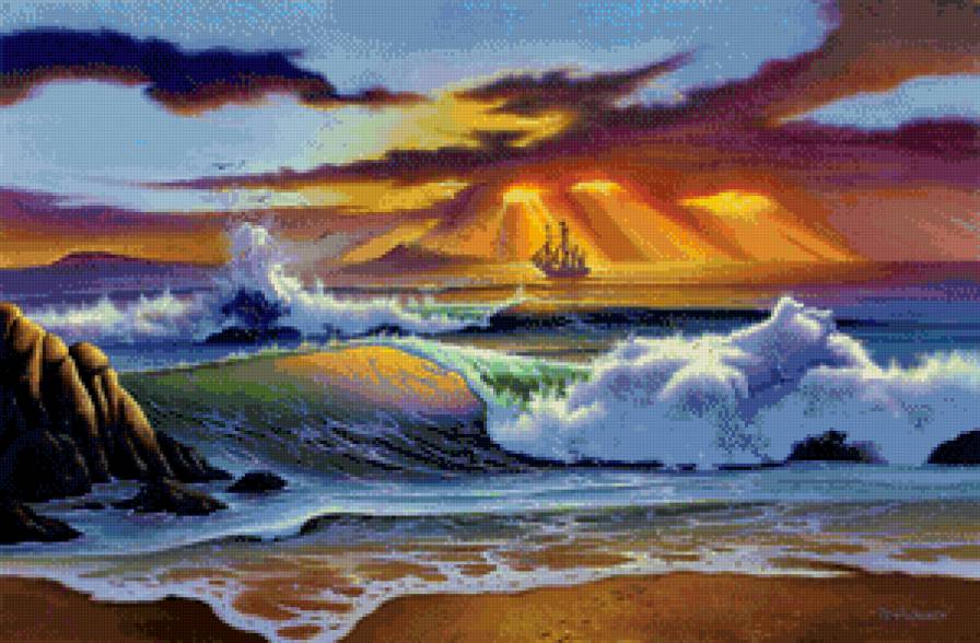 корабль на закате - волны, пейзаж, море, прибой, природа, корабль, закат - предпросмотр