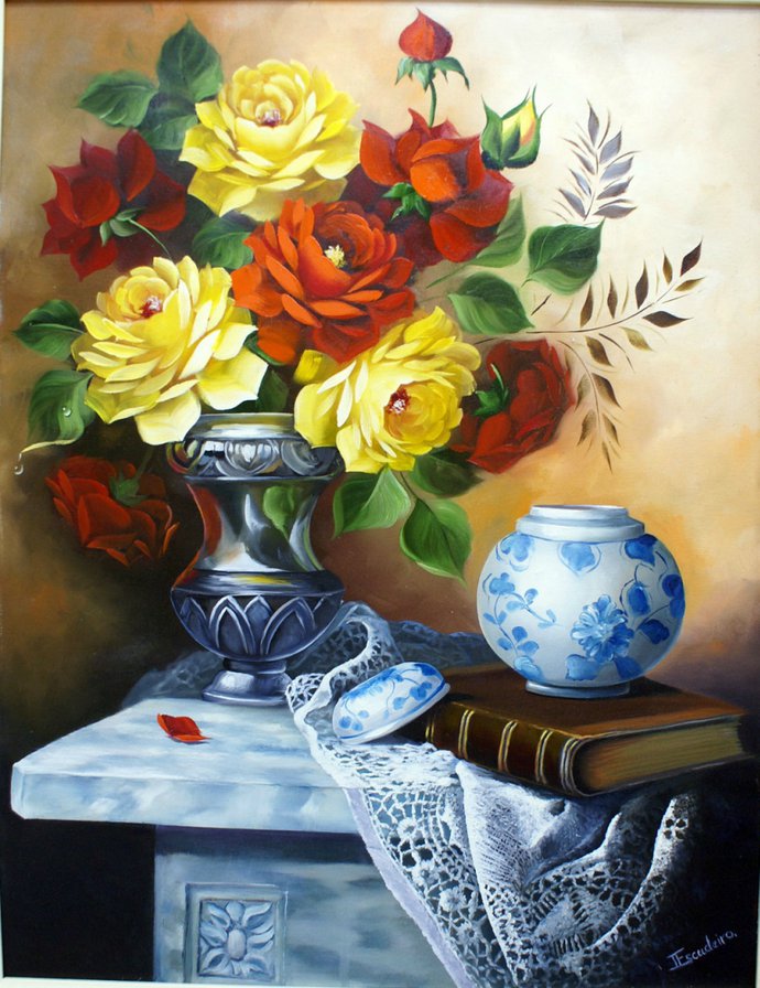 розы в вазе - цветы, букет, розы, живопись, натюрморт, горшок, ваза - оригинал