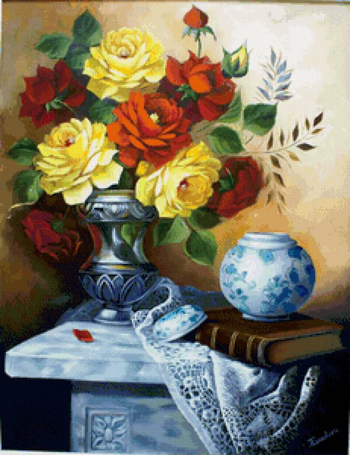 розы в вазе - натюрморт, розы, ваза, цветы, букет, живопись, горшок - предпросмотр