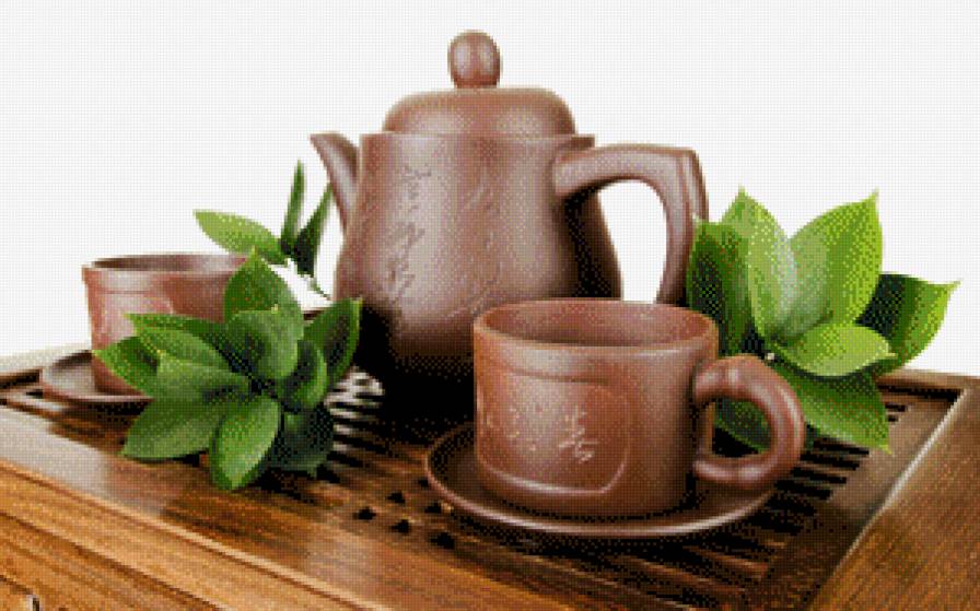 Чайник с чашками. - кухня, зеленый, чай, чайник, стол, пар, посуда, чашка - предпросмотр