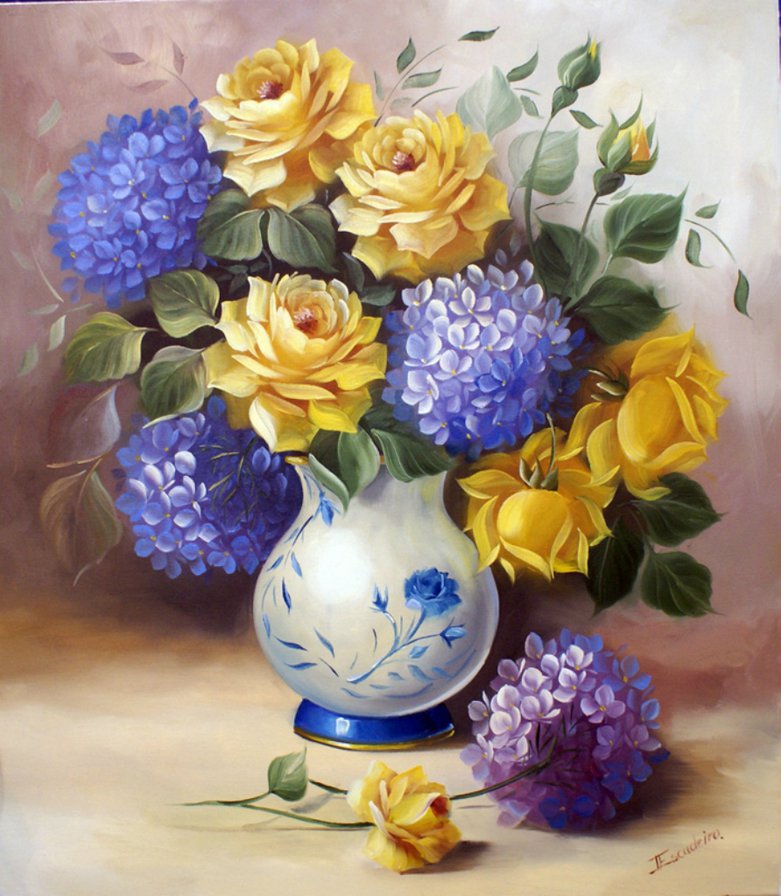 гортензии и розы в вазе - живопись, гортензия, розы, цветы, букет, натюрморт, ваза - оригинал