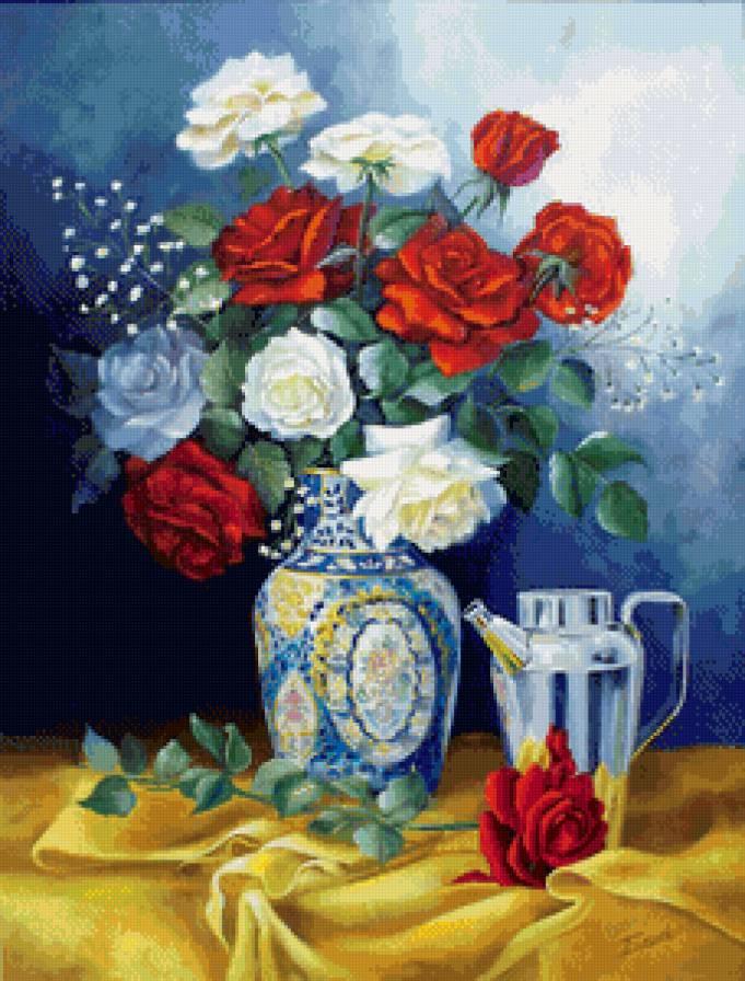 шикарные розы в вазе - натюрморт, букет, цветы, кувшин, живопись, ваза, розы - предпросмотр