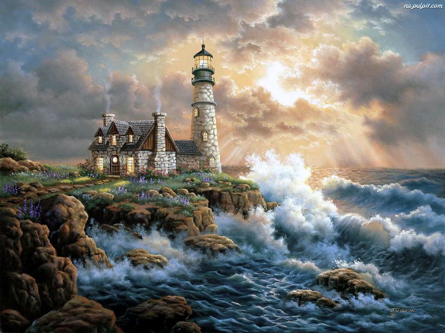 шторм у маяка - скалы, акварель, шторм, домик, пейзаж, закат, море, маяк - оригинал