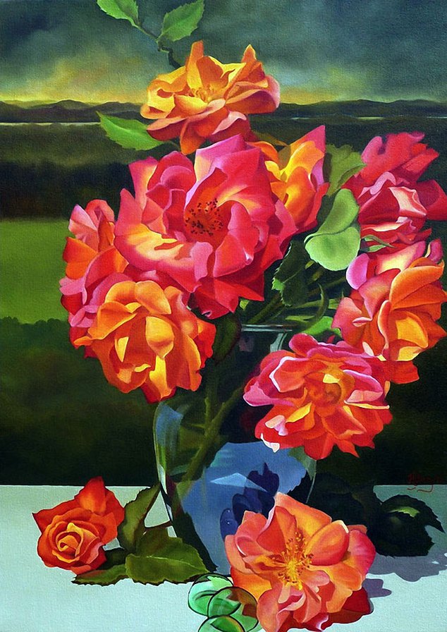 яркие розы в вазе - натюрморт, цветы, живопись, букет, ваза, розы - оригинал