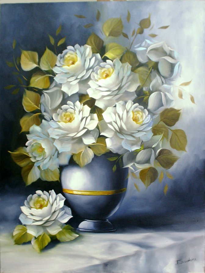белые розы в синей вазе - живопись, натюрморт, ваза, розы, цветы, букет, горшок - оригинал