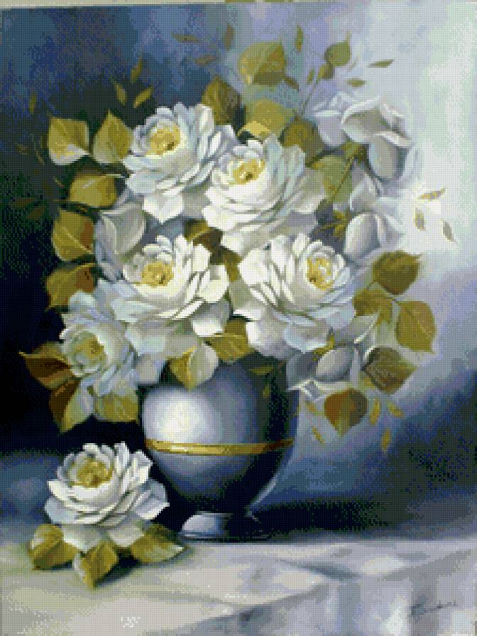 белые розы в синей вазе - горшок, живопись, розы, букет, натюрморт, ваза, цветы - предпросмотр
