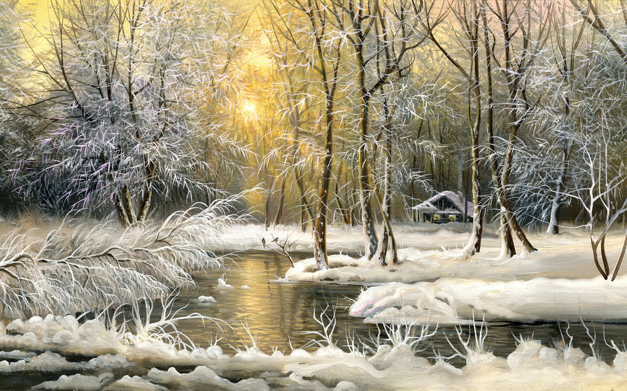 Зима - зима, река, пейзаж, лес, природа - оригинал