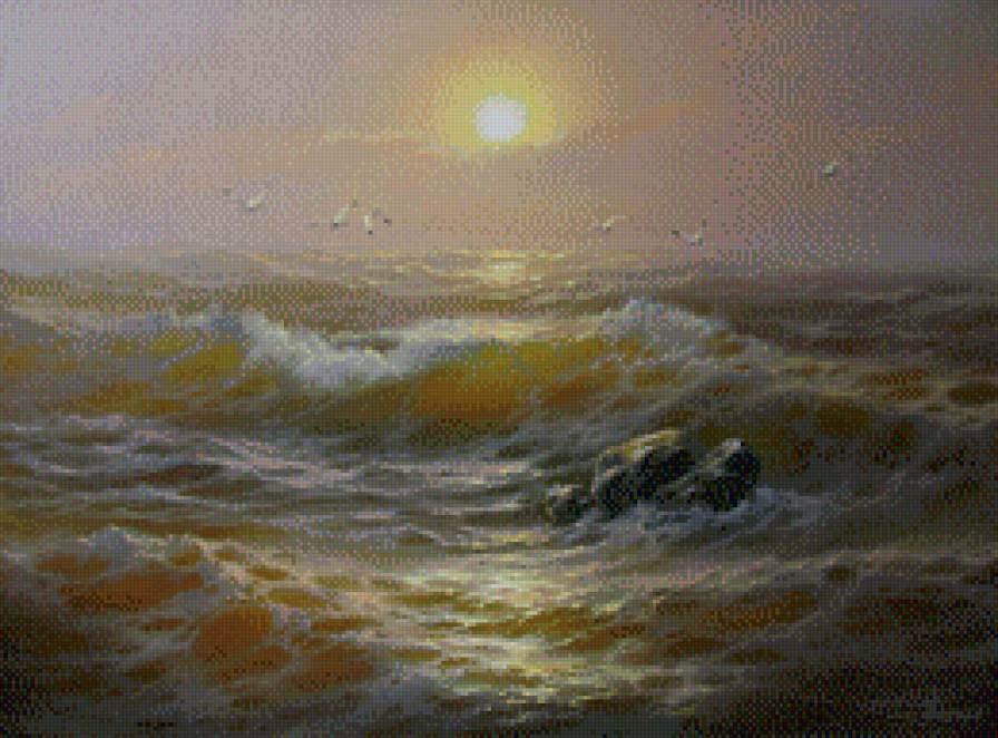море на закате - картина, закат, прибой, море, пейзаж - предпросмотр