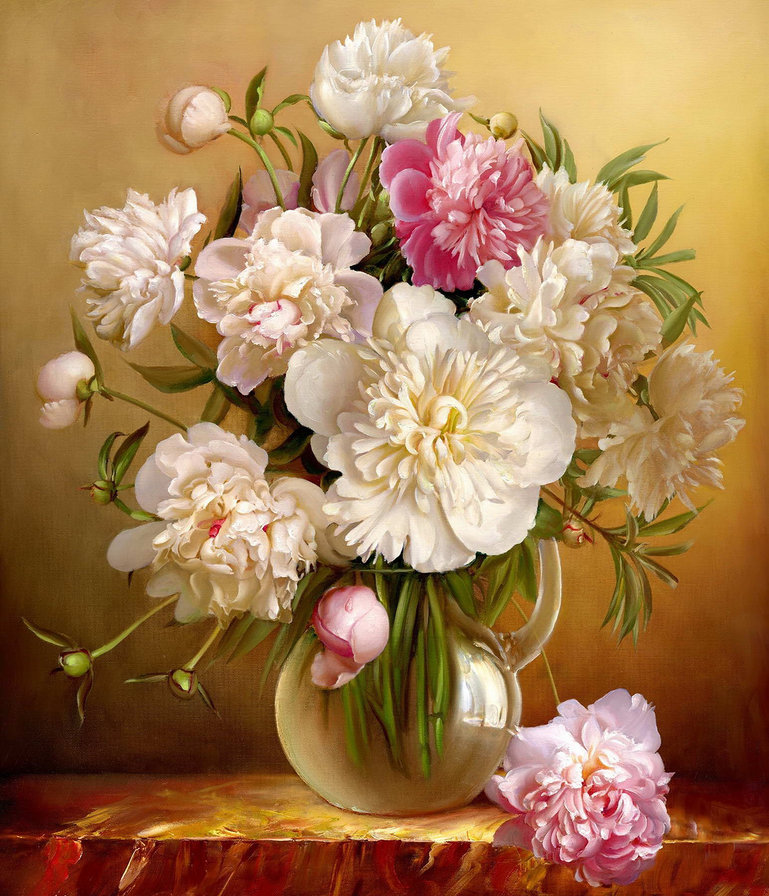 пионы в стеклянной вазе - пионы, цветы, букет, ваза, живопись, весна, натюрморт - оригинал