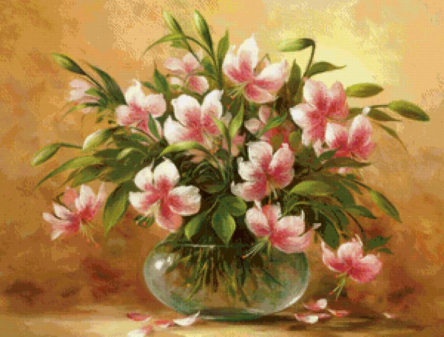 букет лилий в стеклянной вазе - панно, живопись, ваза, лилия, акварель, букет, цветы - предпросмотр