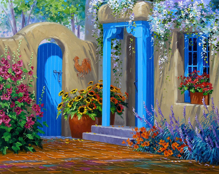 цветочный дворик - подсолнухи, краски, уют, цветы, дворик, лето - оригинал