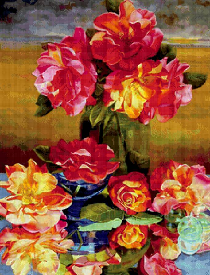 красные розы - букет, розы, цветы, ваза, живопись, натюрморт - предпросмотр