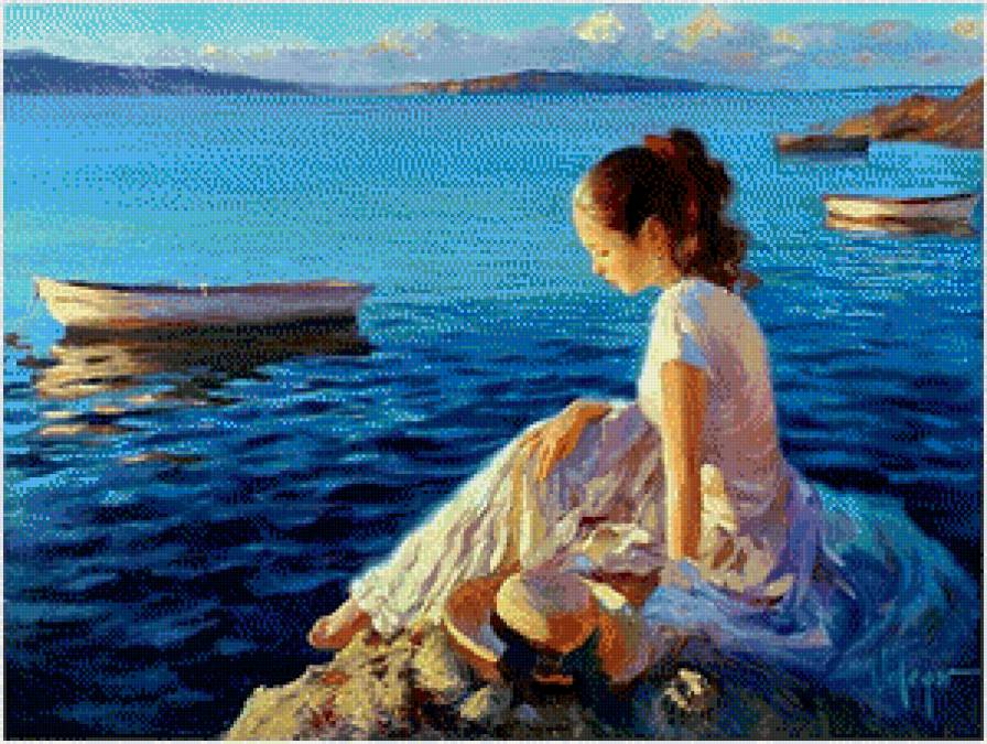 девушка на берегу - лето, девушка, лодки, шляпа, картина, море - предпросмотр