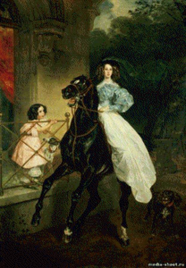 всадница - девушка, брюлов, девочка, конь, картина, собака - предпросмотр