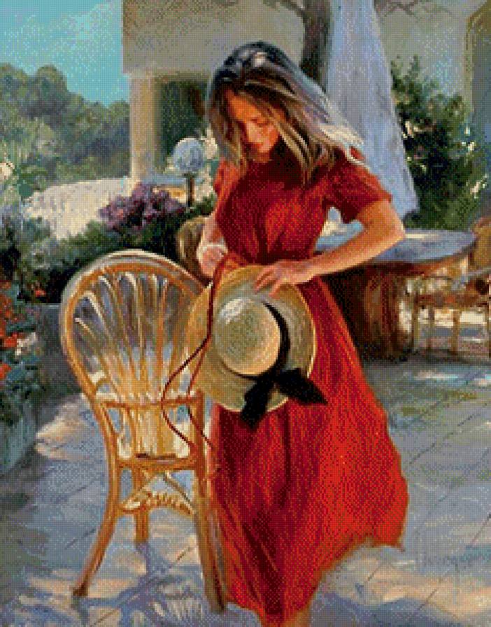 девушка в красном - девушка, шляпа, картина, кресло - предпросмотр